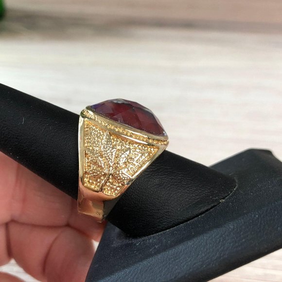 Gold Plated Mens Ring Size 10 Faceted Glass Caboch - Picture 4 of 10